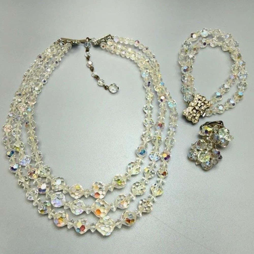 Vintage Aurora Borealis AB Crystal Necklace Bracelet Earrings Parure Set Wedding